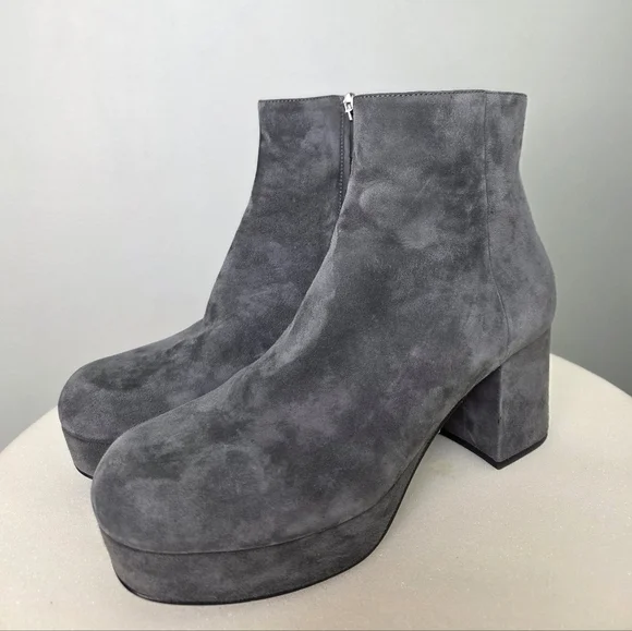 PRADA Grey Suede Platform Retro Block Chunky Heel Ankle Bootie Round Toe 38 - Picture 4 of 14